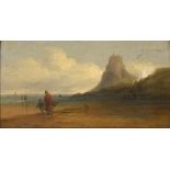 ENGLISH SCHOOL, 19TH C BAMBURGH CASTLE, oil on board laid on panel, 21 x 36cm++Varnish dirty,