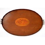 AN EDWARDIAN INLAID MAHOGANY GALLERY TRAY WITH BRASS HANDLES, 68CM W