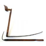 RURAL BYGONES. A 19TH C HAINAULT SCYTHE, WITH SHAPED FRUITWOOD HANDLE AND A WOOD HANDLED HOOK