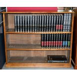 A VICTORIAN WALNUT OPEN BOOKCASE WITH ADJUSTABLE SHELVES, 129CM W AND A SET OF ENCYCLOPEDIA