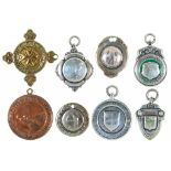 SIX VARIOUS SILVER WATCH FOB SHIELDS AND TWO OTHER ITEMS