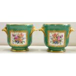 A PAIR OF LIMOGES GREEN GROUND SEAUX, IN 18TH C SEVRES STYLE, PAINTED TO EITHER SIDE WITH A SQUARE