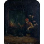 FOLLOWER OF A BROUWER, THREE PEASANTS AT A FIRESIDE, OIL ON PANEL, 29 X 24CM