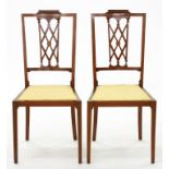 A PAIR OF MAHOGANY AND LINE INLAID BEDROOM CHAIRS, WITH LATTICE SPLAT, EARLY 20TH C