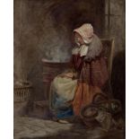 ENGLISH SCHOOL, 19TH C, A KITCHEN INTERIOR WITH A WOMAN SEATED BY A STOVE, WATERCOLOUR, 26.5 X 21CM