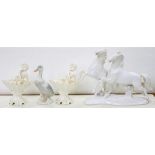 A KERAMOS WHITE GLAZED EARTHENWARE GROUP OF GALLOPING HORSES, 28CM H AND THREE OTHER ITEMS