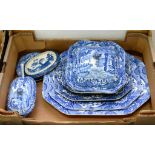 A QUANTITY OF COPELAND BLUE PRINTED EARTHENWARE, SPODES ITALIAN PATTERN DISHES AND A SAUCE TUREEN,