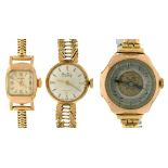 A BENTIMA 9CT GOLD LADY'S WRISTWATCH AND PIERCED GOLD HERRINGBONE BRACELET, 18.5G, A MARVIN 9CT GOLD