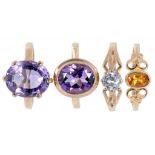 FOUR 9CT GOLD GEM SET RINGS, SIZES L, L½, M AND O½ (4), 9.3G