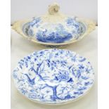 A BRAMELD BLUE PRINTED EARTHENWARE DON QUIXOTE PATTERN VEGETABLE DISH AND COVER AND A PAIR OF