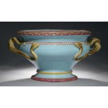 A MINTONS MAJOLICA SERPENT HANDLED TURQUOISE-GROUND JARDINIERE, DESIGNED BY PROFESSOR GOTTFRIED