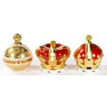 THREE ROYAL CROWN DERBY COMMEMORATIVE ORB AND CROWN PAPERWEIGHTS, 8-10CM H, PRINTED MARK, GILT