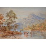 ENGLISH SCHOOL, MOUNTAINOUS LANDSCAPE WITH CATTLE WATERING IN A LOCH, WATERCOLOUR, 16.5 X 23.5CM