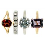 TWO 14CT YELLOW GOLD GEM SET RINGS, SIZE M½ AND L AND TWO GEM SET 9CT WHITE GOLD RINGS, SIZE O (