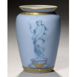 A ROYAL WORCESTER EGGSHELL BLUE GROUND SHOULDERED OVIFORM VASE, 1868, painted in blue and