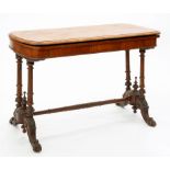 A VICTORIAN INLAID WALNUT FOLDING CARD TABLE, ON STRETCHER BASE, WITH BUTTERFLY VENEERED TOP, 98CM