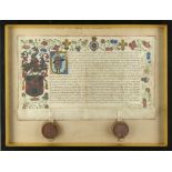 A FINE AND RARE 16TH CENTURY ILLUMINATED GRANT OF ARMS SIGNED AND SEALED BY CHRISTOPHER BARKER