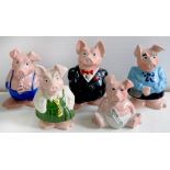 A SET OF FIVE WADE NATWEST PIGGY BANKS, LARGEST 19CM H, MOULDED MARK