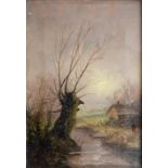 VICTORIAN SCHOOL, LANDSCAPE WITH FIGURE BY A RIVER, SIGNED WITH MONOGRAM JG, OIL ON CANVAS, 25 X