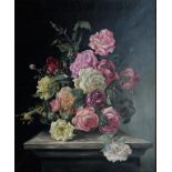 CAROLE BENNETT, STILL LIFE WITH ROSES ON A PEDESTAL, SIGNED AND DATED 1971, SIGNED AND DATED AGAIN