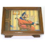 A CLOCKWORK AND PAINTED CARD DIORAMA, WITH A MAN SEATED AT A TABLE, IN GLAZED SOFTWOOD BOX, 27 X