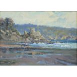 JOHN NEALE, BEACH SCENES, TWO; AND FISHING ON A SHADY STREAM, ALL SIGNED, OIL ON BOARD, 24 X 36.
