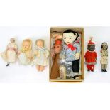 A SMALL COLLECTION OF VINTAGE CLOTH, COMPOSITION AND PLASTIC DOLLS AND AN EARLIER, 19TH C