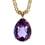 A PEAR SHAPED AMETHYST PENDANT ON GOLD NECKLET, MARKED 375, 14.5G