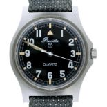 A PRECISTA BRITISH MILITARY ISSUE QUARTZ WRISTWATCH, CASE BACK MARKED BROAD ARROW, NUMBERS AND