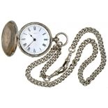 A SILVER HUNTING CASED CYLINDER WATCH, BIRMINGHAM 1885 AND A CONTEMPORARY SILVER ALBERT, THE LINKS