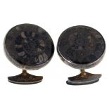 FOSSIL JEWELLERY. A PAIR OF AMMONITE SET SILVER CUFF LINKS, MAKER AJ, LONDON 1975