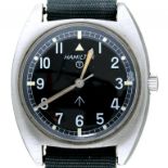 A HAMILTON STAINLESS STEEL BRITISH MILITARY ISSUE WRISTWATCH, CASE BACK MARKED BROAD ARROW,