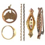 MISCELLANEOUS GOLD JEWELLERY, TO INCLUDE AN AUSTRALIA PENDANT, MARKED 9, 13.7G