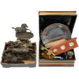 A VICTORIAN BRASS POSTAL BALANCE ON WALNUT BASE AND MISCELLANEOUS WORKS OF ART INCLUDING BRONZE