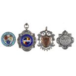 A SILVER AND ENAMEL SPORTSMAN'S WATCH FOB SHIELD, BIRMINGHAM 1925, TWO OTHER CONTEMPORARY SILVER