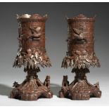 A PAIR OF SWISS CARVED AND STAINED LIMEWOOD VASES WITH BEARS, LATE 19TH/EARLY 20TH C in the form
