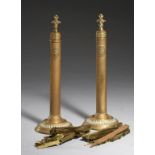 A PAIR OF VICTORIAN BRASS DAY'S PATENT CHIMNEY ORNAMENTS, BY B DAY, BIRMINGHAM, C1840 the pillar