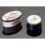 TWO CONTINENTAL ROUND AND OVAL ENAMEL BOXES, EARLY 20TH C painted with a river scene or flowers,