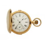 A SWISS 18CT GOLD KEYLESS LEVER HUNTING CASED QUARTER REPEATING CHRONOGRAPH with centre and