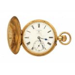 AN ENGLISH 18CT GOLD KEYLESS LEVER HUNTING CASED WATCH ROTHERHAMS LONDON No 379180, the three