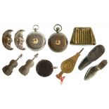 ELEVEN EPNS, NICKEL PLATED, PEWTER AND BRASS NOVELTY VESTA CASES, LATE 19TH C comprising a creel,