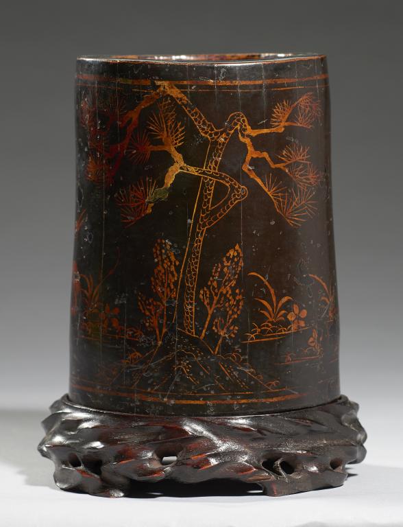 A CHINESE LACQUERED BAMBOO BRUSH POT, 19TH C decorated with a continuous landscape with deer,