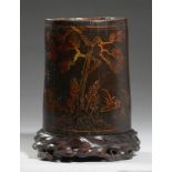 A CHINESE LACQUERED BAMBOO BRUSH POT, 19TH C decorated with a continuous landscape with deer,