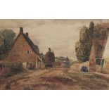 DAVID COX THE YOUNGER, ARWS (1809-1885) A VILLAGE SCENE WITH HAY WAGON OUTSIDE AN INN signed,