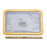 A VICTORIAN 18CT GOLD MOUNTED GLASS DISH intaglio engraved with a swan, 11.5cm w, by