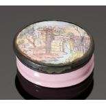 A FRENCH OVAL ENAMEL BOX, EARLY 20TH C the lid painted with ruins, the bombe base pink, brass mount,