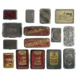 ADVERTISING. FIFTEEN LITHOGRAPHED TINPLATE AND EMBOSSED OR OTHER VESTA CASES, LATE 19TH AND EARLY