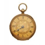 AN ENGLISH 18CT GOLD LEVER LADY'S WATCH unsigned, with engraved gold dial and gold balance, 38mm,