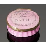 A SOUTH STAFFORDSHIRE ENAMEL PATCH BOX, LATE 18TH C the lid printed A Trifle from Bath on a pink