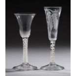 A GEORGE III WINE GLASS AND AN ENGRAVED ALE GLASS, BOTH C1770 with single or double series opaque